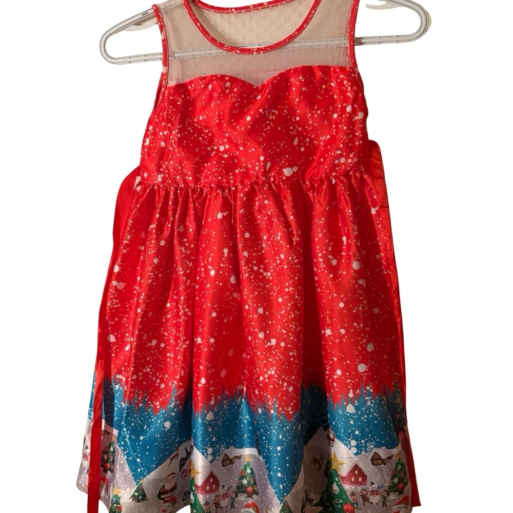 Girls Christmas Party Dress – Santa & Snow Scene – Size 7-8 years old